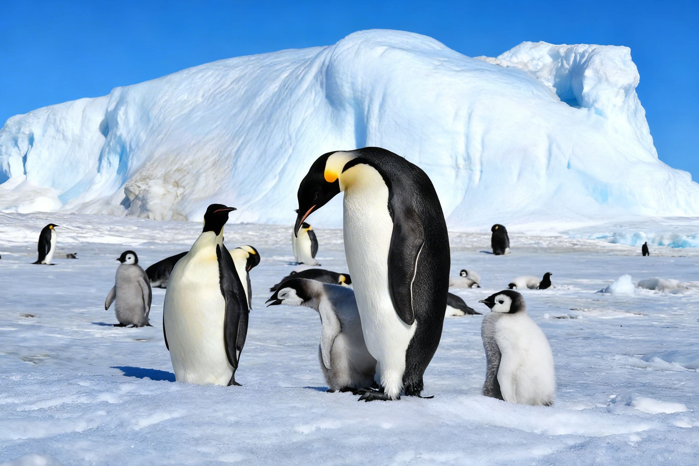Emperor penguins near antarctica mountain